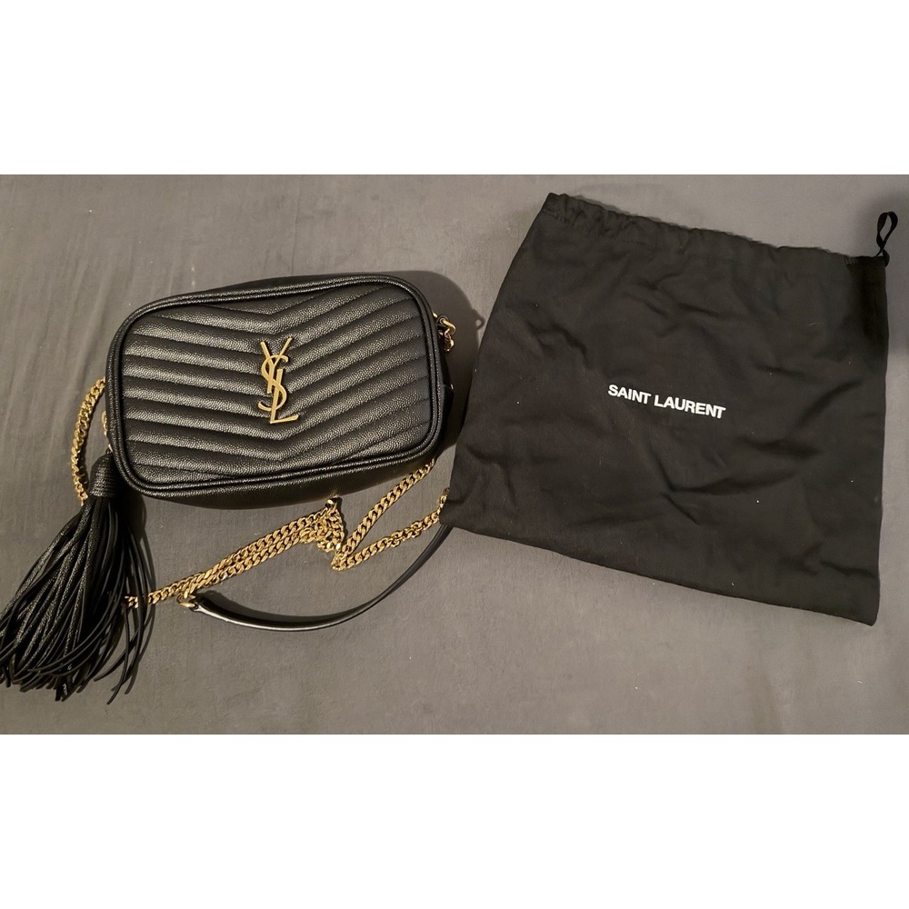 Saint Laurent YSL Chevron Quilted Grained Leather Mini Lou Camera Bag Black/Gold